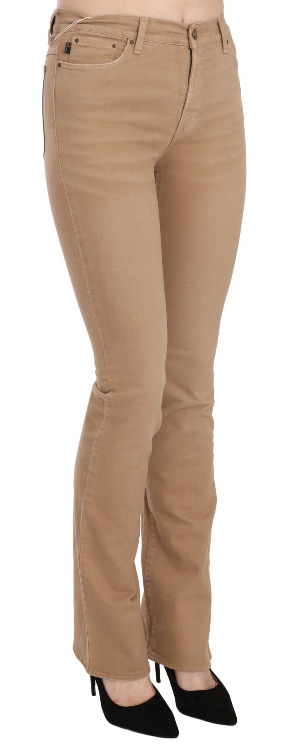 Brown Cotton Stretch Mid Waist Skinny Trousers Pants