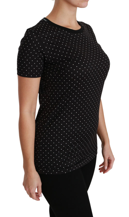 Black Dotted Crewneck Cotton Top T-shirt