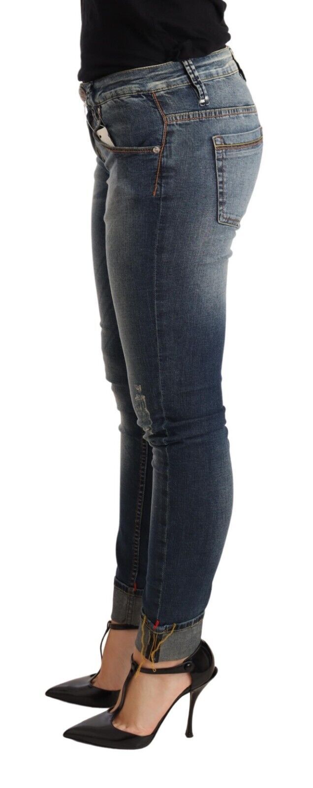Blue Washed Cotton Low Waist Skinny Denim Women Trouser Jeans