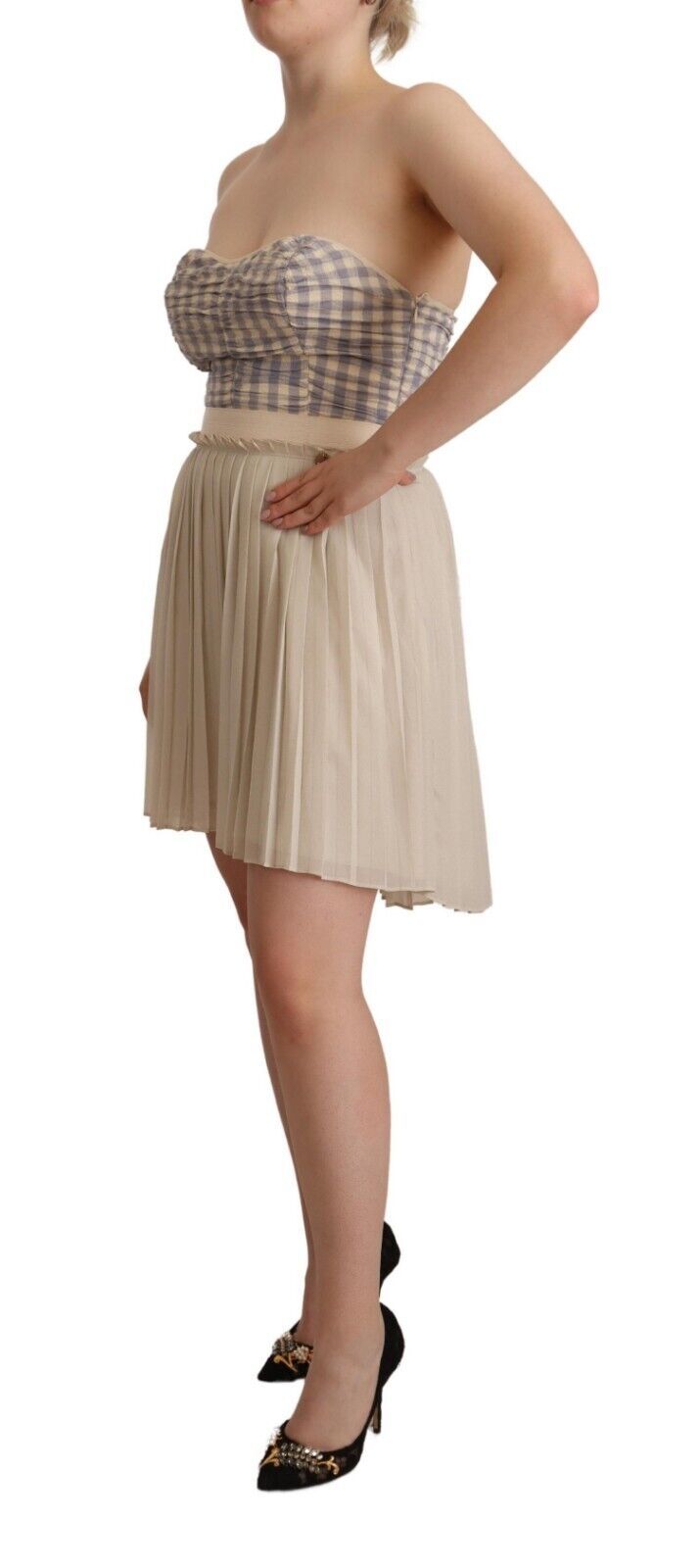 Beige Checkered Pleated A-line Strapless Bustier Dress