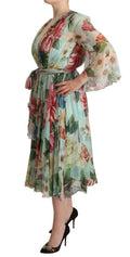 Green Floral Long Sleeves V-neck Midi Dress