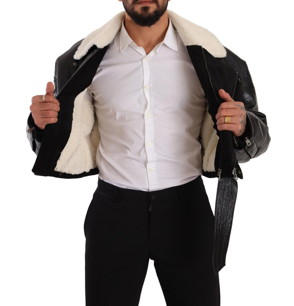 Black Leather Shearling Biker Coat Jacket