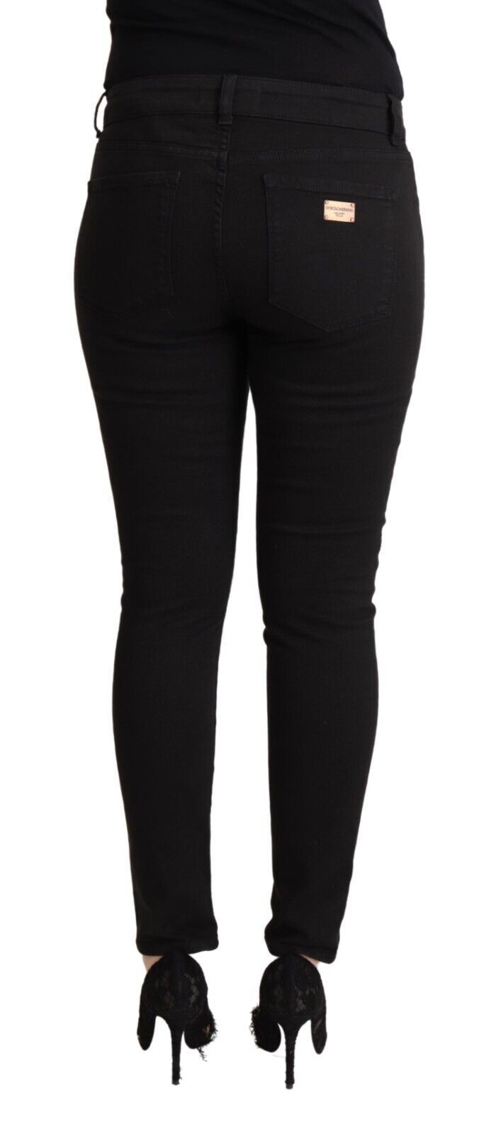 Black Cotton Mid Waist Denim Slim Fit Jeans