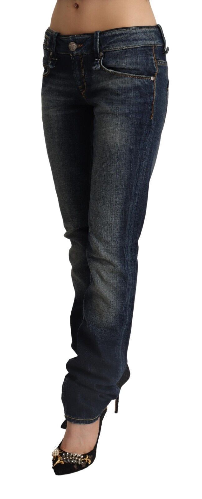 Dark Blue Washed Cotton Skinny Denim Low Waist Jeans