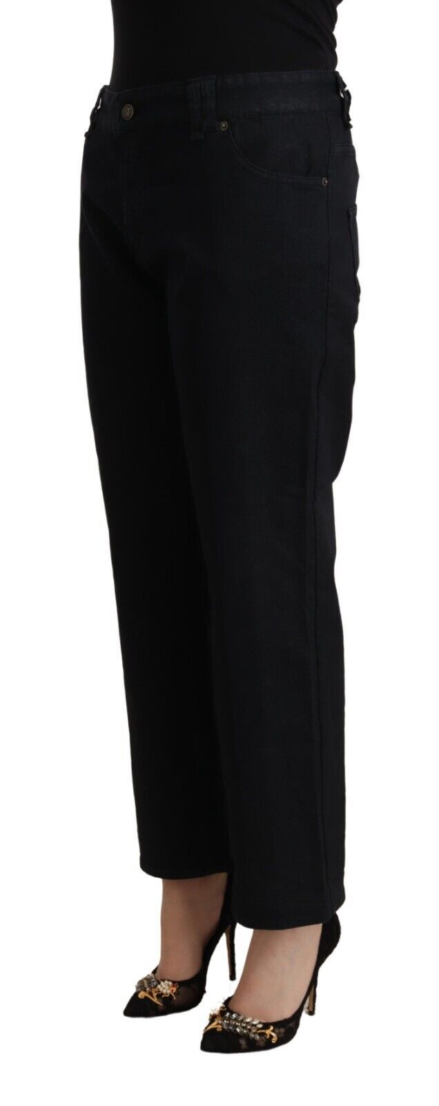 Black Cotton Flared Cropped High Waist Denim Jeans