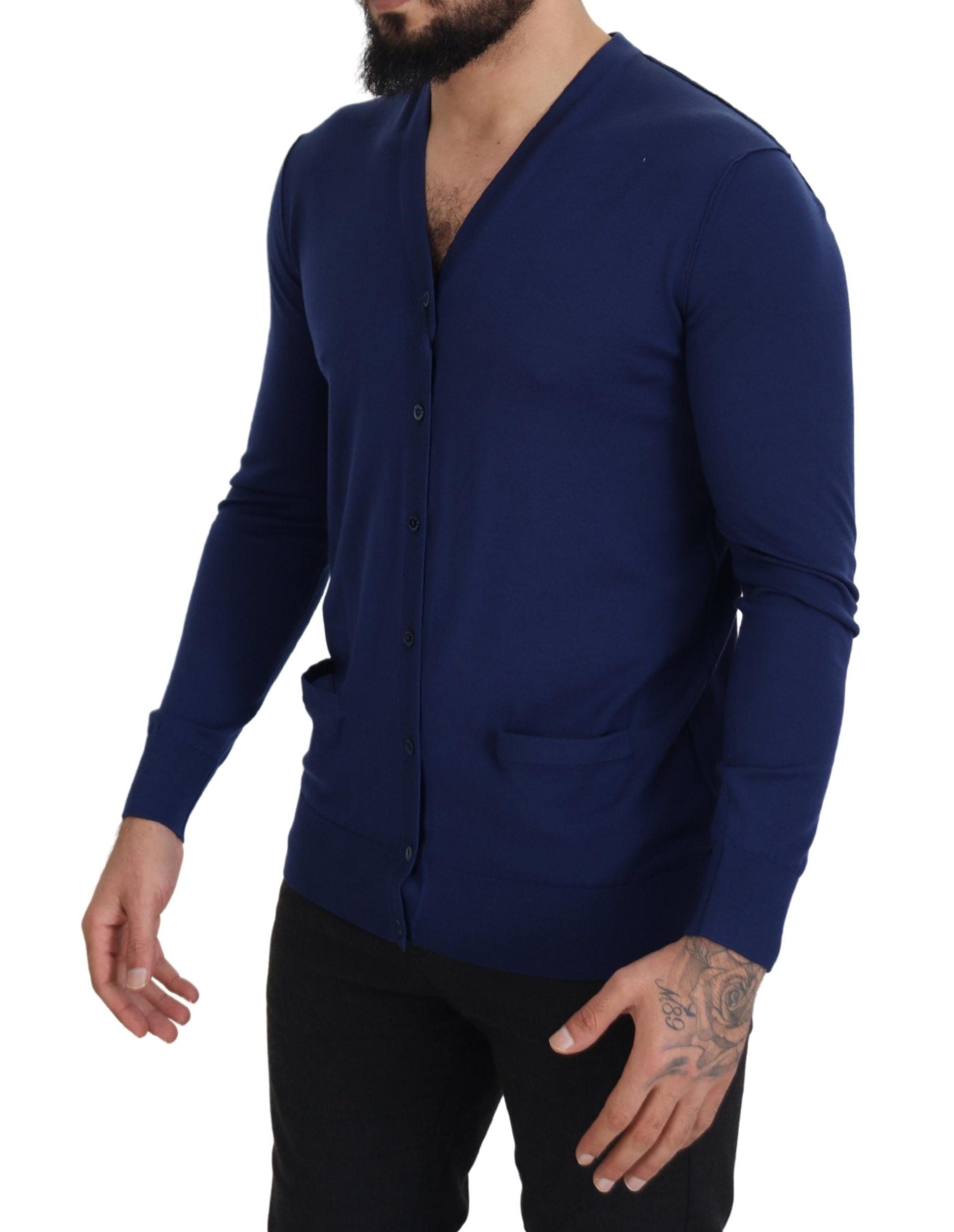 Blue Wool V-neck Button Down Cardigan Sweater