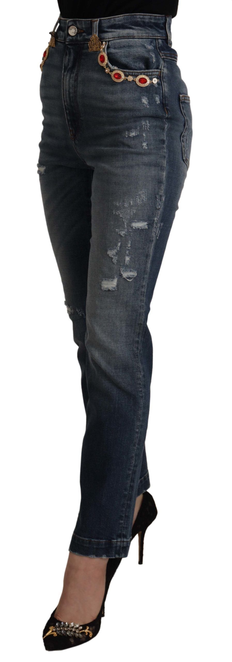 Blue Denim Crystal Embellished Pants Jeans