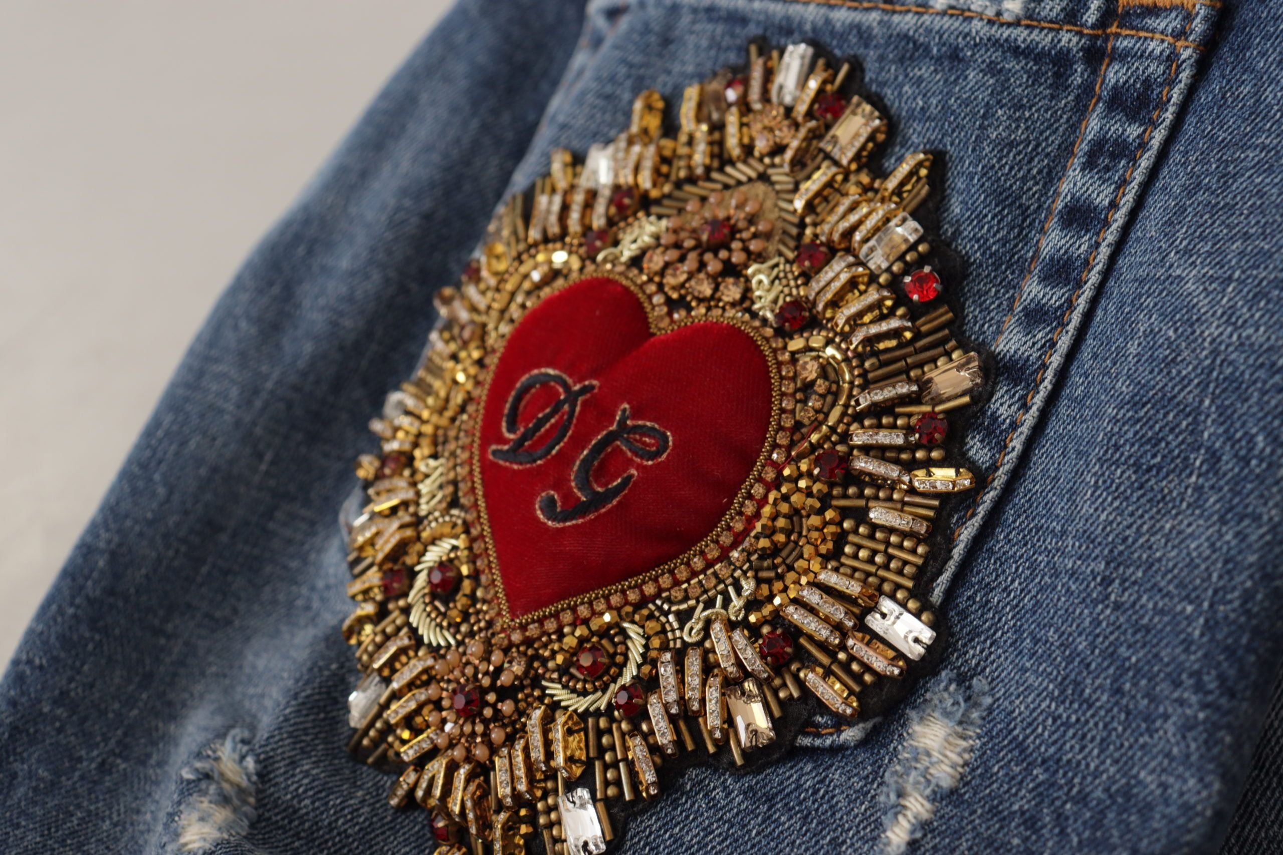Blue Denim Baroque Heart Logo Patch Pants Jeans