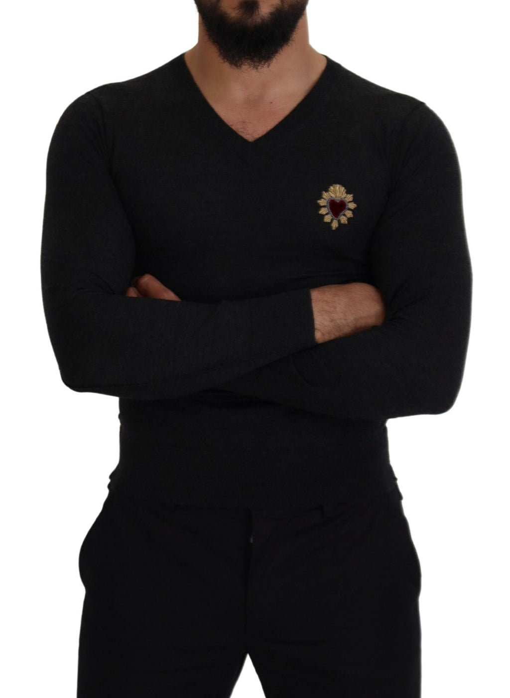 Gray Cashmere V-neck Gold Heart Sweater