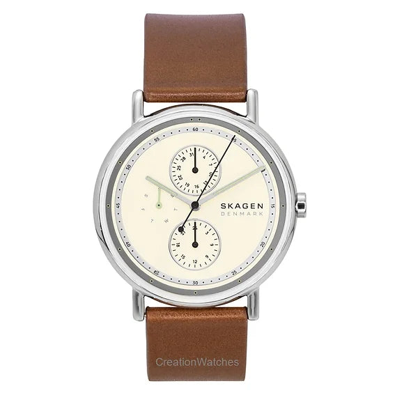Skagen Signatur Leather Strap Multifunction Cream Dial Quartz SKW6942